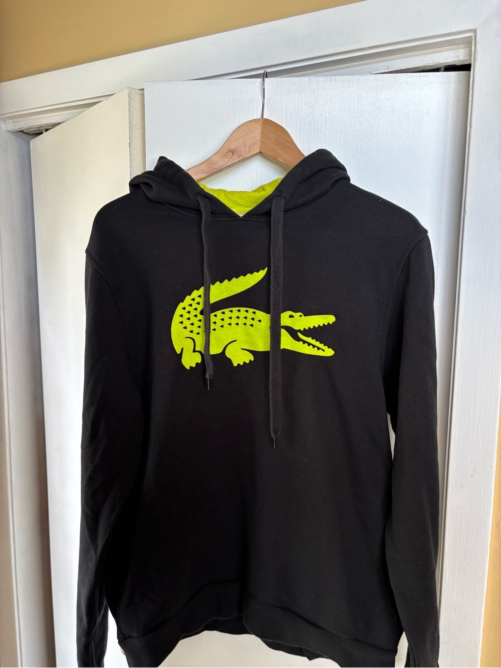 Lacoste Black Hoodie with Neon Yellow-Green Crocodile Logo